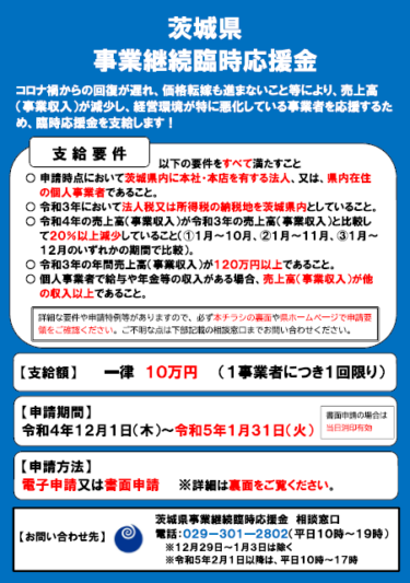 「茨城県事業継続臨時応援金」の申請受付が始まりました！